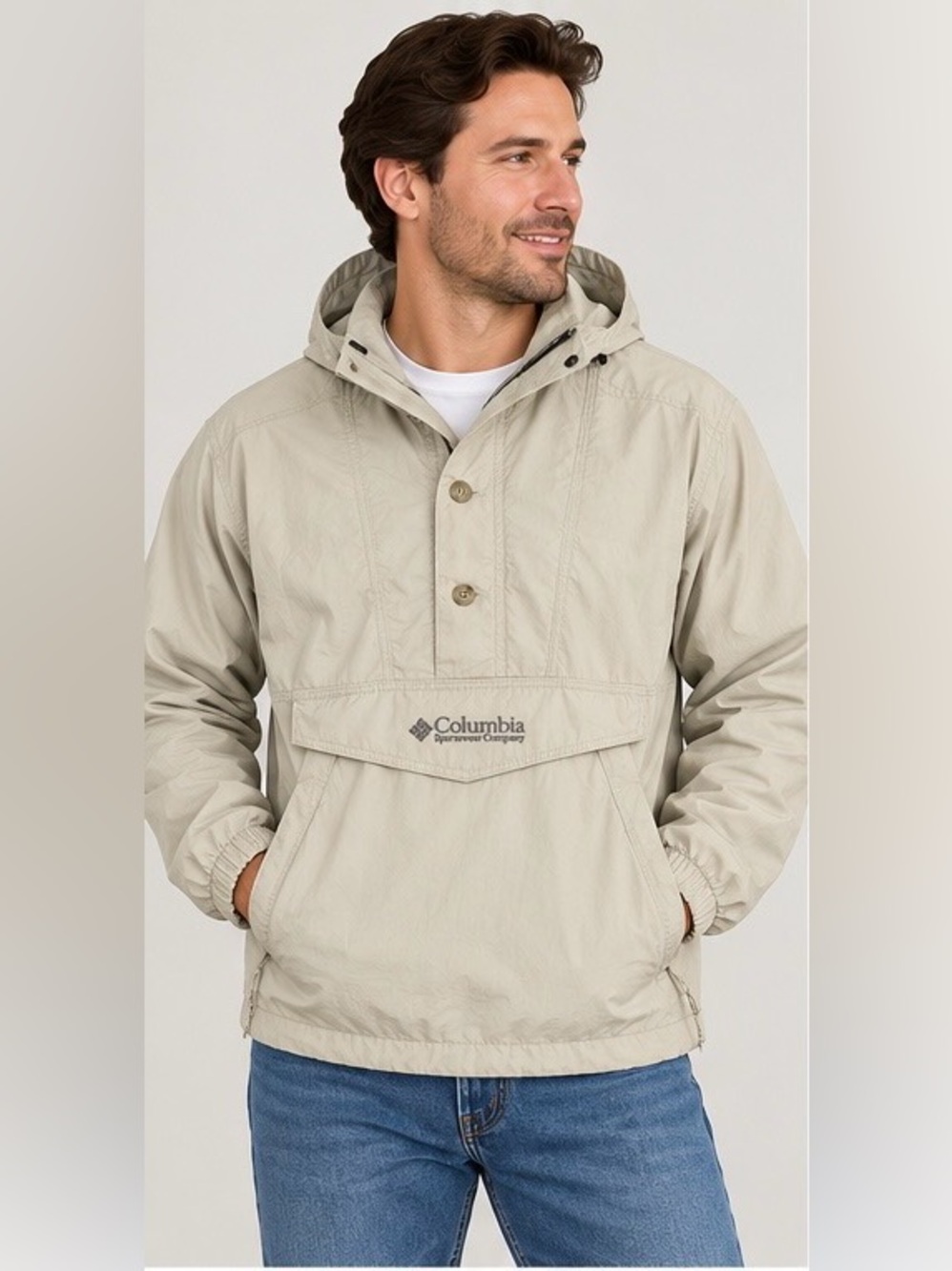 Vintage Columbia Sportswear Men’s L Beige Pullover Anorak Hooded Windbreaker 90s